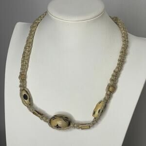 necklace costume jewelry neutral braided macrame cord wooden carved look beads